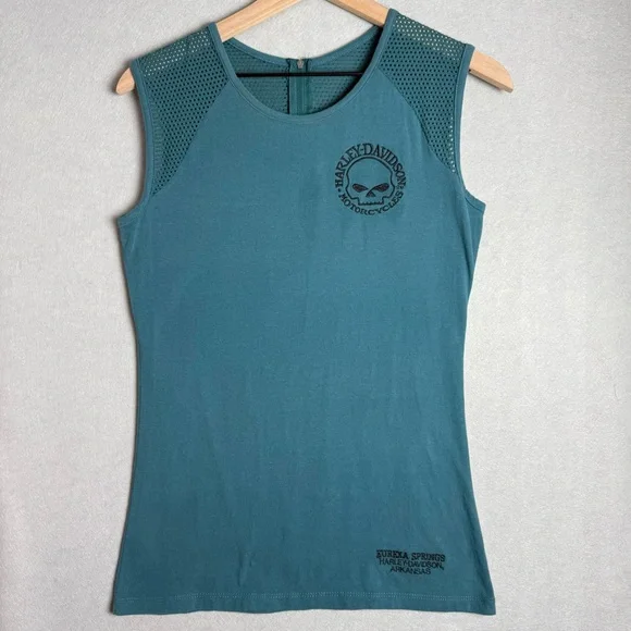 Harley-Davidson Vintage Women's Mesh Shoulder Teal Sleeveless Graphic Arkansas M - Picture 1 of 11